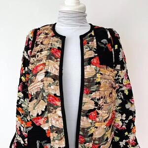 ZARA Short Jacket Floral Patchwork Black Gathered Pleats open Front Coat -M